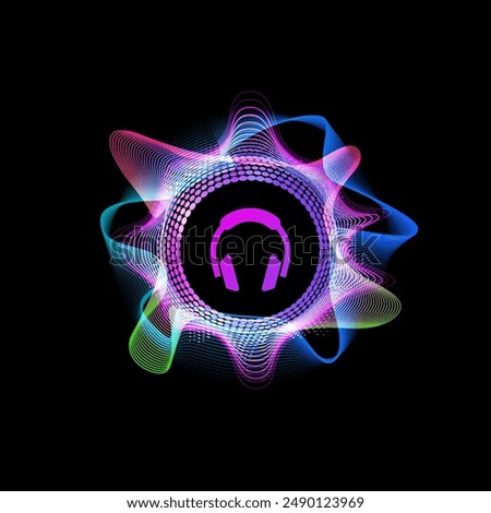 Colorful vibrant gradient circular curve sound waves with headphones icon. Radial audio impulse signal. Music sound equalizer, radio frequency, volume lines frame. Vector illustration