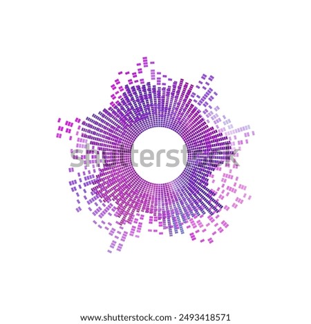 Circular sound wave design with concentric squares in gradient colors of pink, purple, and blue. Abstract vector illustration representing audio frequency or digital sound visualization