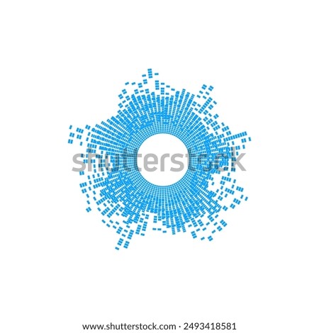 Abstract blue sound wave illustration with a radial design made of small squares. Vector illustration of dynamic visual representation of audio waves forming a circular pattern.