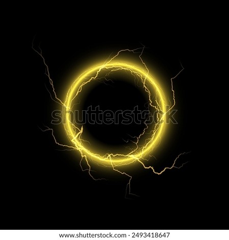 Glowing electric circle with lightning bolts radiating from the edges. Vector illustration of a yellow thunder ring on a black background, creating a dynamic and energetic effect.