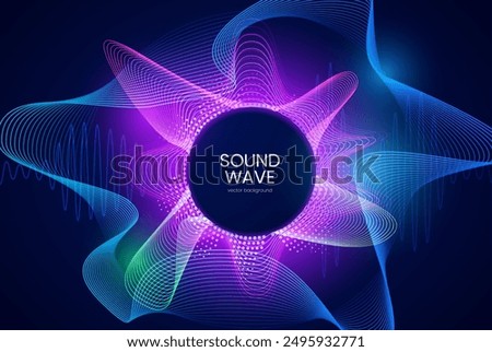 Colorful abstract sound wave vector illustration with radial lines and a circular center on a dark background. Vibrant blue, pink, and green gradients create dynamic movement.