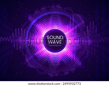 Bright neon purple round equalizer vector frame with space for text and radial sound wave elements on contrasting dark isolated background. Design element.