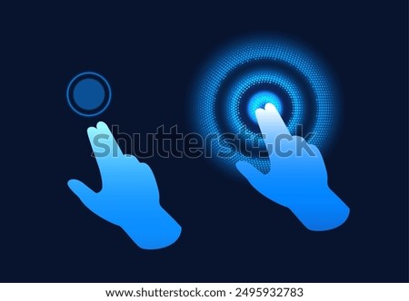 Blue gradient hand pointing gesture on digital circle icons set. Vector two fingers arm press or push screen button. Touch effect or click cursor, select tap. UI user interface isolated on dark