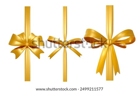 Golden ribbons set. Realistic vector illustration set of three gold bows with vertical ribbons, each uniquely tied, perfect for gift wrapping, celebrations, and festive decorations.