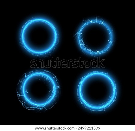 Vector illustration set of four blue electric rings with glowing and thunder effects. Each ring has a unique lightning pattern, creating a dynamic and energetic visual.