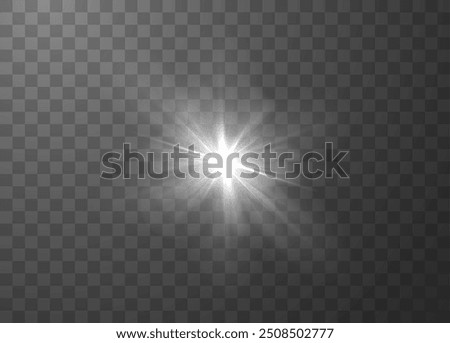 Bright white light burst with radiant beams and soft glowing edges on a transparent background. Vector illustration of sunlight effect with glare and flare elements.