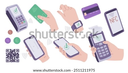 Mobile, wireless contactless payment systems. Vector flat illustrations isolated set. Hand pays by bank plastic card, smartphone QR code and smart watch. Business financial banking technology services