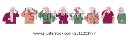 Vector set of elderly men and women anxiously holding their heads with their hands on isolated background. Trying to concentrate, remember something. Old persons suffers from Alzheimer's disease.