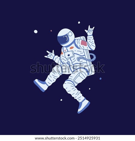 Astronaut. Vector illustration of a man in a spacesuit and helmet floating in space. In one hand, he shows a rock gesture against the background of stars