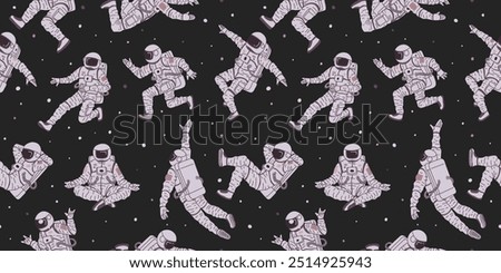 Vector seamless pattern with astronauts in flight, wearing a spacesuit on a black background with stars. Funny astronauts dancing, sitting in the lotus position