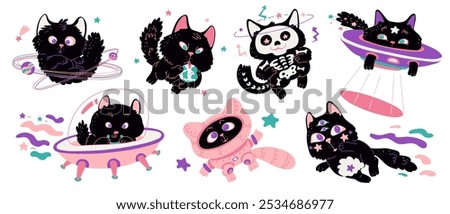 Vector illustration showing a set of space cats in different actions. These cute, furry black characters show off their adventures in a flat cartoon style. Ideal for stickers.