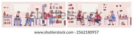 A vector set depicting a scene in an art class where people of all ages sculpt from clay. Art therapy, inspiration and the art of healthy self-expression.