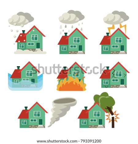 Set of icons for house insurance from natural disasters, hurricane, fire, flood, falling tree, lightning, cracks, flat vector illustration isolated on white background. Set of house insurance icons