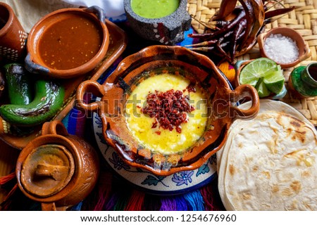 Authentic mexican melted cheese 'fundido' with red chorizo Foto stock © 