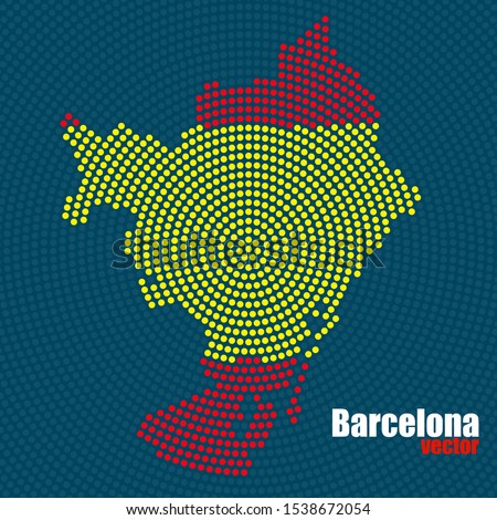 Abstract map Barcelona of radial dots with flag Spain inside