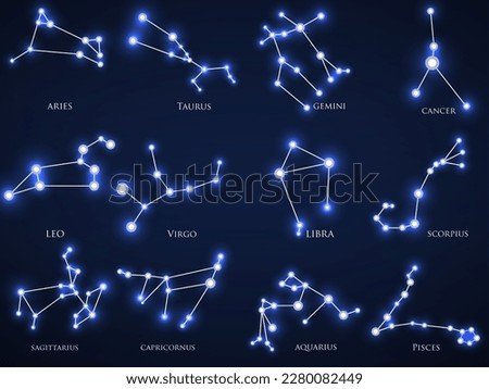 Set of zodiac constellations in style circuit board. Horoscope set: Aries, Leo, Sagittarius, Capricorn, Taurus, Virgo, Libra, Aquarius, Gemini, Cancer, Scorpio, Pisces. Vector Illustration