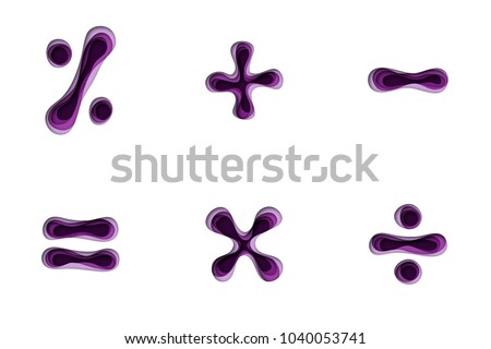 Paper cut out style alphabet. Mathematical symbols percent, plus, minus, equal, subtraction and multiplication. Vector illustration with hand drawn letter shapes