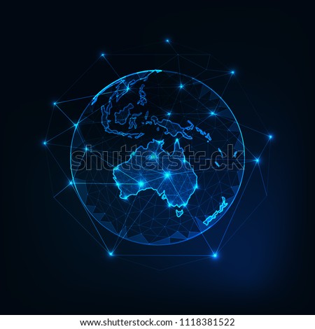 Australia map continent outline on planet Earth view from space abstract background. Globalization, connection concept. Low poly wireframe, lines and dots glowing design. Vector illustration. 