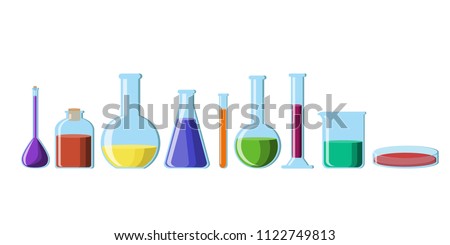 Chemical glassware with bright colorful solutions set isolated on white background. Various beakers,flasks,test tubes, bottles, petri dish. Science for kids. Flat style vector illustration.