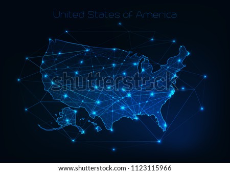 United States of America USA map outline with stars and lines abstract framework. Communication, connection concept.Modern futuristic low polygonal, wireframe, lines dots design. Vector illustration. 