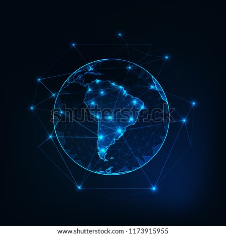South America on Planet Earth view from space with continents outlines abstract background. Globalization, connection concept. Low poly wireframe, lines and dots glowing design. Vector illustration. 