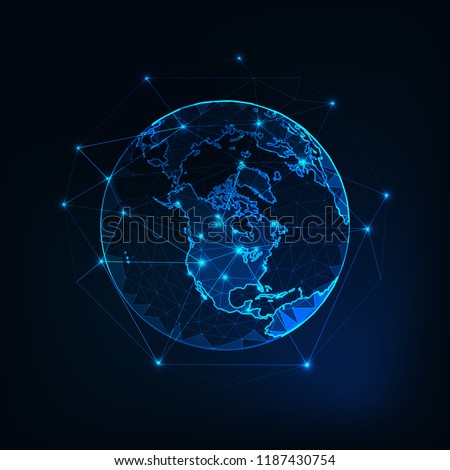North America on Planet Earth view from space with continents outlines abstract background. Globalization, connection concept. Low poly wireframe, lines and dots glowing design. Vector illustration. 