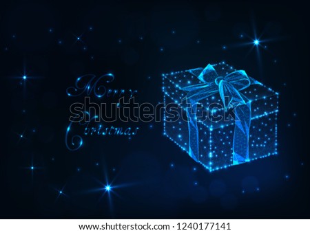 Merry Christmas greeting card template with glowing low polygonal gift box with ribbon bow, shiny stars and text on dark blue background. Futuristic wireframe design vector illustration.