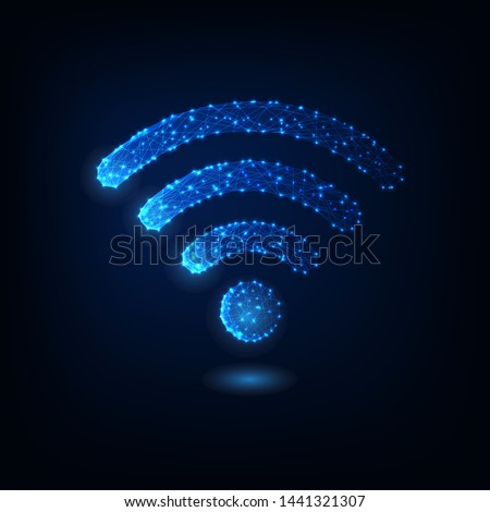 Futuristic  glowing low polygonal wifi symbol made of stars, lines, dots, isolated on dark blue background. Modern design vector illustration.