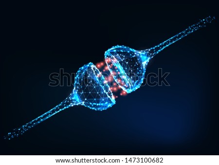 Neural synapse, electric and chemical signals between two neurons, human nervous system. Futuristic low polygonal design vector illustration. 