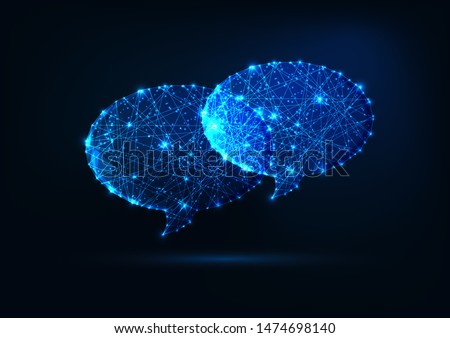 Two futuristic glowing low polygonal speech bubbles made of stars, lines, dots isolated on dark blue background. Communication, chatting, dialogue concept. Modern wireframe design vector illustration.