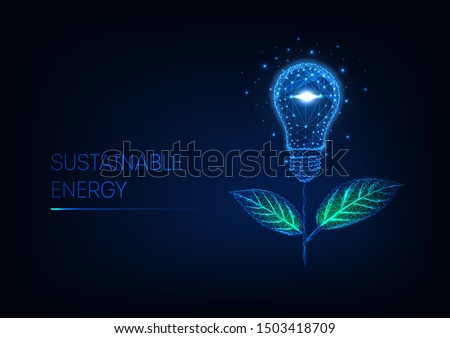 Sustainable energy concept. Futuristic glowing low polygonal flower made of light bulb and green leaves isolated on dark blue background. Modern wireframe design vector illustration. 