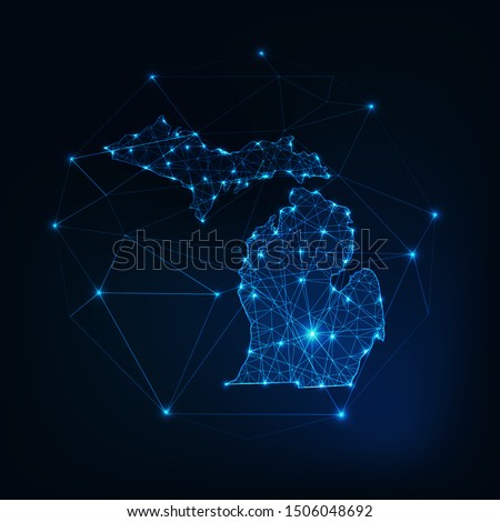 Michigan state USA map glowing silhouette outline made of stars lines triangles, low polygonal shapes. Communication, internet technologies concept. Wireframe futuristic design. Vector illustration