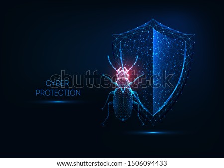 Internet security, cyber protection concept with futuristic glowing low polygonal Beatle bug and shield isolated on dark blue background. Modern wireframe design vector illustration.