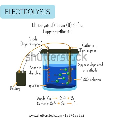 Electrolysis of copper sulfate solution with impure copper anode and pure copper cathode. Copper purification technology. Educational electrochemistry for kids. Vector illustration.
