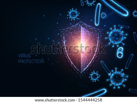 Futuristic immune system protection from infectious diseases concept with glowing low polygonal shield,  coronavirus and bacteria cells on dark blue background. Immunology. Vector illustration.