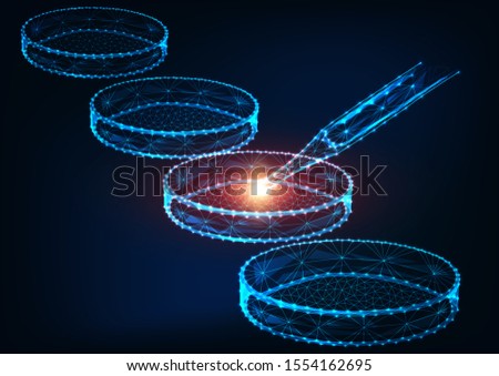 Futuristic medicine research concept with glowing low polygonal Petri dishes and laboratory pipette on dark blue background. Science abstract banner. Modern wire frame mesh design vector illustration.