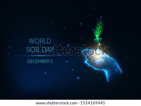 Futuristic World Soil Day concept with glowing low poly human hand holds green sprout on dark blue background. Sustainable growth and development. Modern wire frame mesh design vector illustration.