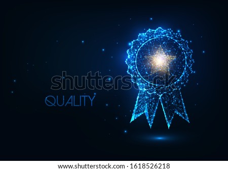 Futuristic best quality award badge concept with glowing low polygonal winner medal and golden star isolated on dark blue background. Modern wire frame mesh design vector illustration.