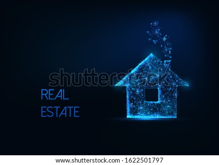 Futuristic real estate business concept with glowing low polygonal residential house symbol isolated on dark blue background. Modern wire frame mesh design vector illustration.