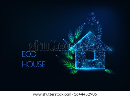 Futuristic eco house concept with glowing low polygonal residential home and green leaves on dark blue background. Modern wire frame mesh design vector illustration. 