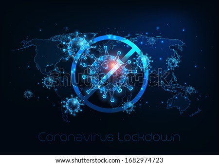 Futuristic global lockdown due to coronavirus COVID-19 disease with glowing low polygonal virus cells, padlock and world map on dark blue background. Modern wire frame mesh design vector illustration.