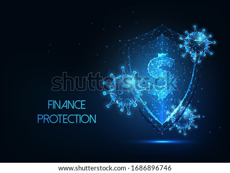 Finance protection during economic crisis caused by coronavirus pandemics quarantine concept with glowing low polygonal defence shield, dollar sign and virus cells on dark blue background.