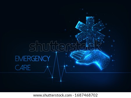Futuristic Emergency care concept with glowing low polygonal human hand holding medical symbol star of life on dark blue background. Modern wire frame mesh design vector illustration.