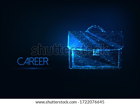 Futuristic business career concept with glowing low polygonal brief case isolated on dark blue background. Modern wire frame mesh design vector illustration. 
