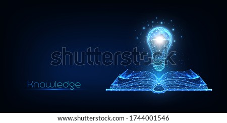 Futuristic knowledge, inspiration, creative thinking concept with glowing low polygonal book and electric light bulb on dark blue background. Modern wire frame mesh design vector illustration.