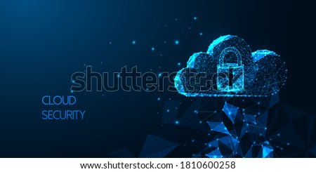 Futuristic Cloud security concept with glowing low polygonal cloud technology symbol and padlock with access isolated on dark blue background. Modern wireframe mesh design vector illustration.