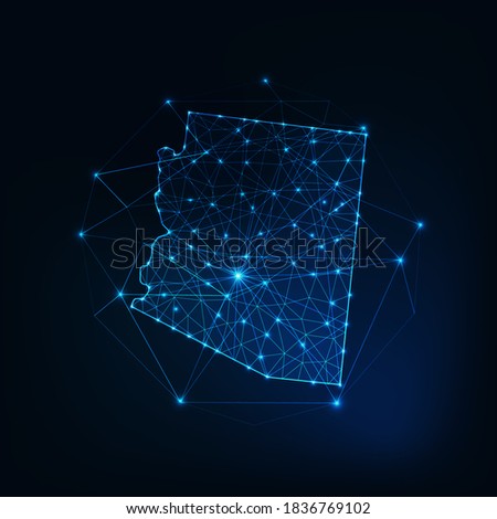 Arizona state USA map glowing silhouette outline made of stars lines dots triangles, low polygonal shapes. Communication, internet technologies concept. Wireframe futuristic vector illustration