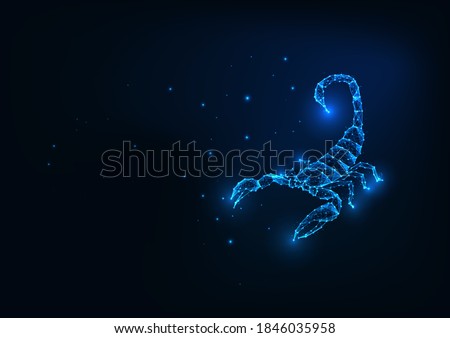 Futuristic glowing low polygonal scorpion isolated on dark blue background. Zodiac sign Scorpio. Modern wireframe mesh design vector illustration.