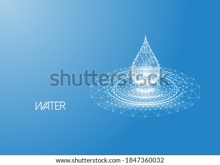 Futuristic glowing low polygonal water drop with splash ripples made of lines, dots, light particles isolated on blue background. Modern wire frame mesh design vector illustration.