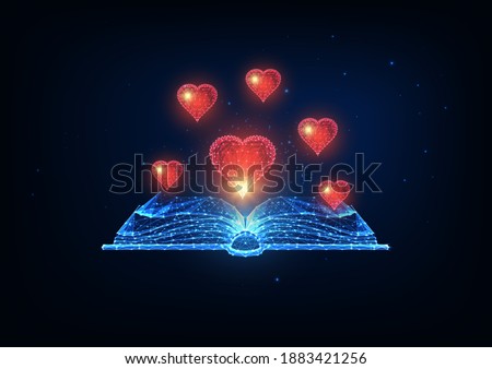 Futuristic book love, romantic literature reading concept with glowing low polygonal open book and red hearts isolated on dark blue background. Modern wire frame mesh design vector illustration.